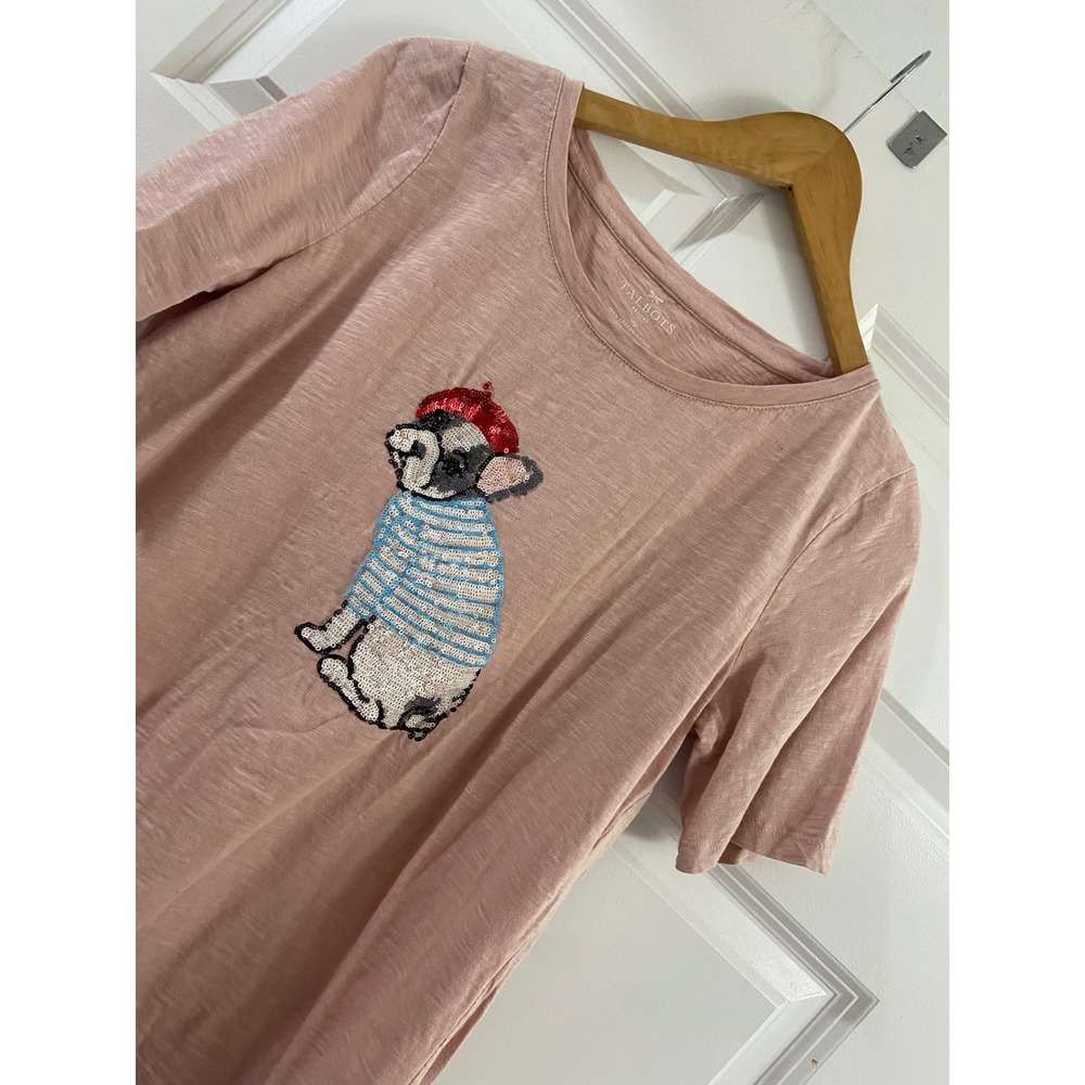 Talbots Petites Pink Cotton Sequin French Bulldog Tee Shirt MP Frenchie